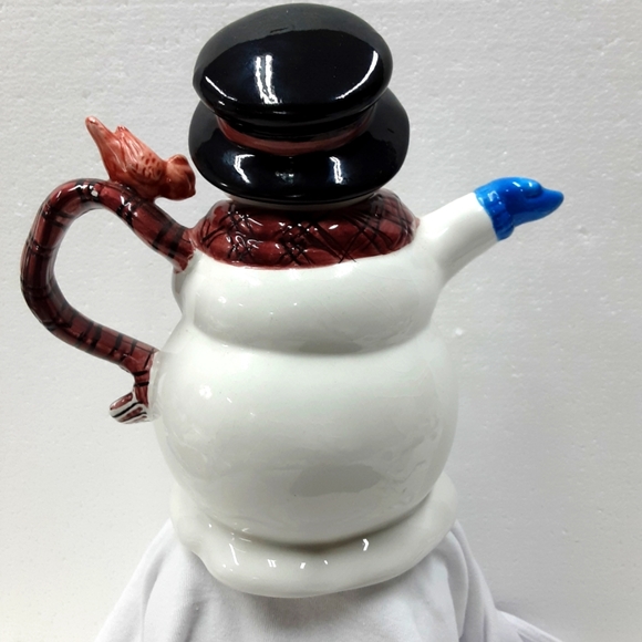 Vintage Happy Snowman With Bird Plaid Scarf Ceramic Teapot Potter & Smith - Picture 4 of 10